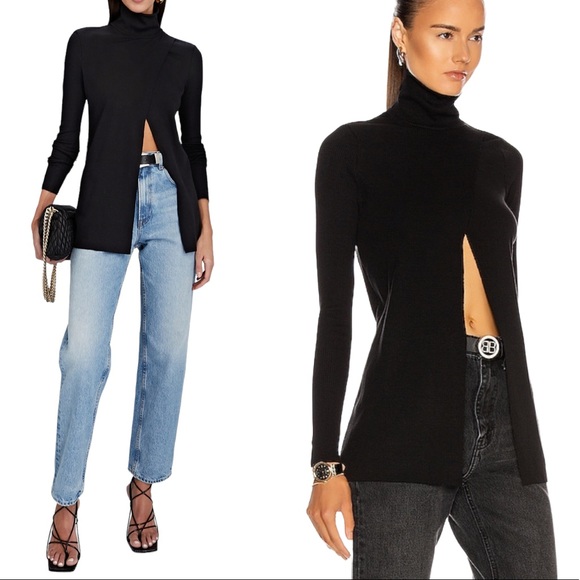 The Range Tops - THE RANGE Layered Split-Front Turtleneck Top Black L NWT
